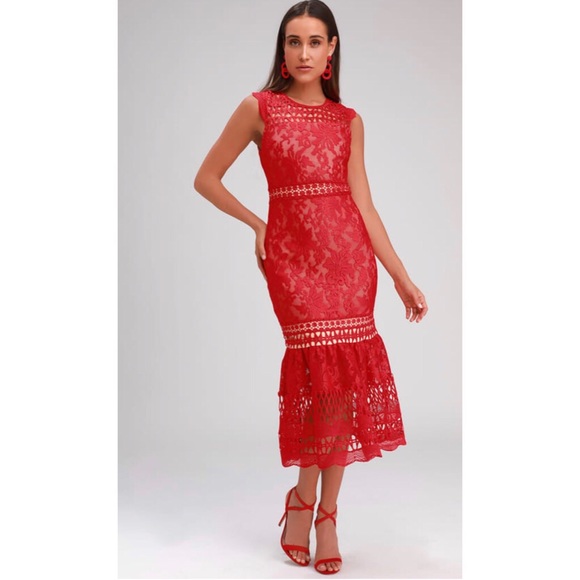 Lulus Dresses & Skirts - RED LACE SLEEVELESS MIDI DRESS